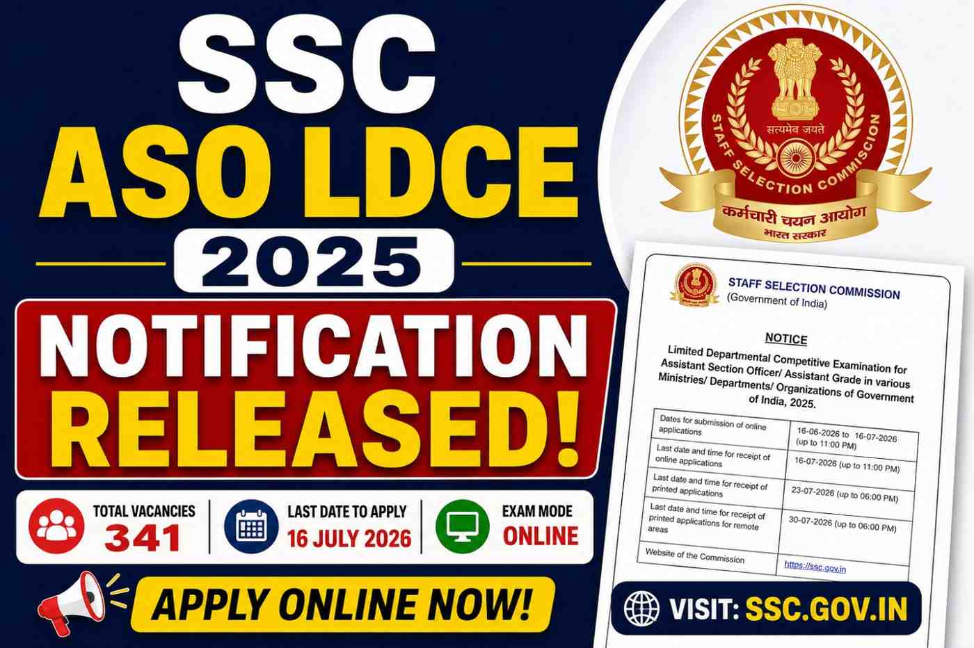 SSC ASO LDCE 2025 Notification Released | Apply for 341 Posts.