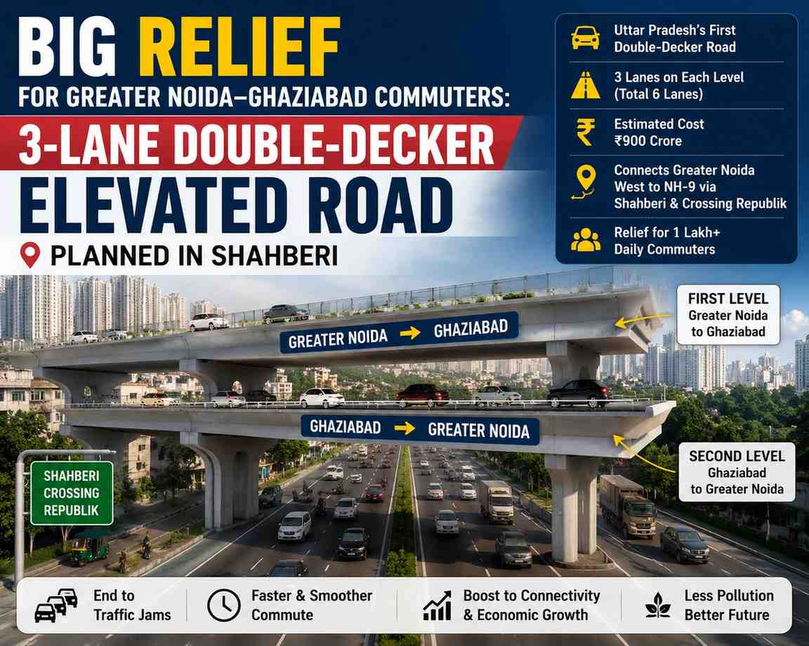 Big Relief for Greater Noida–Ghaziabad Commuters: 3-Lane Double-Decker Elevated Road Planned in Shahberi.