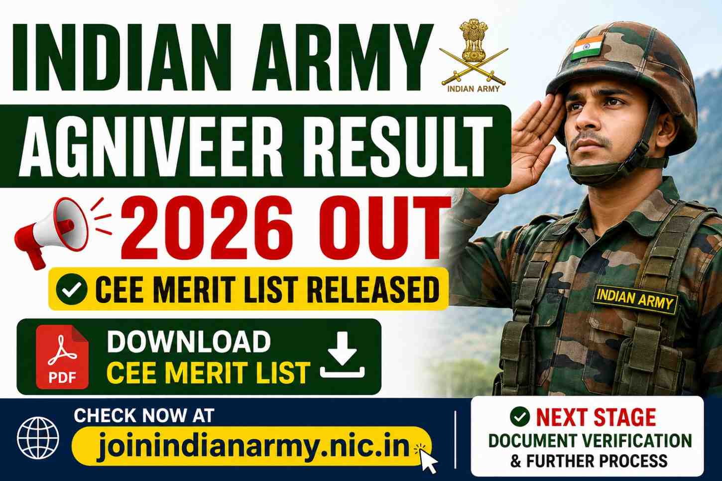 Indian Army Agniveer Result 2026 Out: Download CEE Merit List PDF at joinindianarmy.nic.in, Check Zone-Wise Selection List