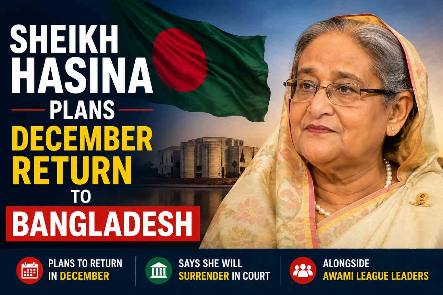 Sheikh Hasina Plans December Return to Bangladesh to Surrender with Party Colleagues