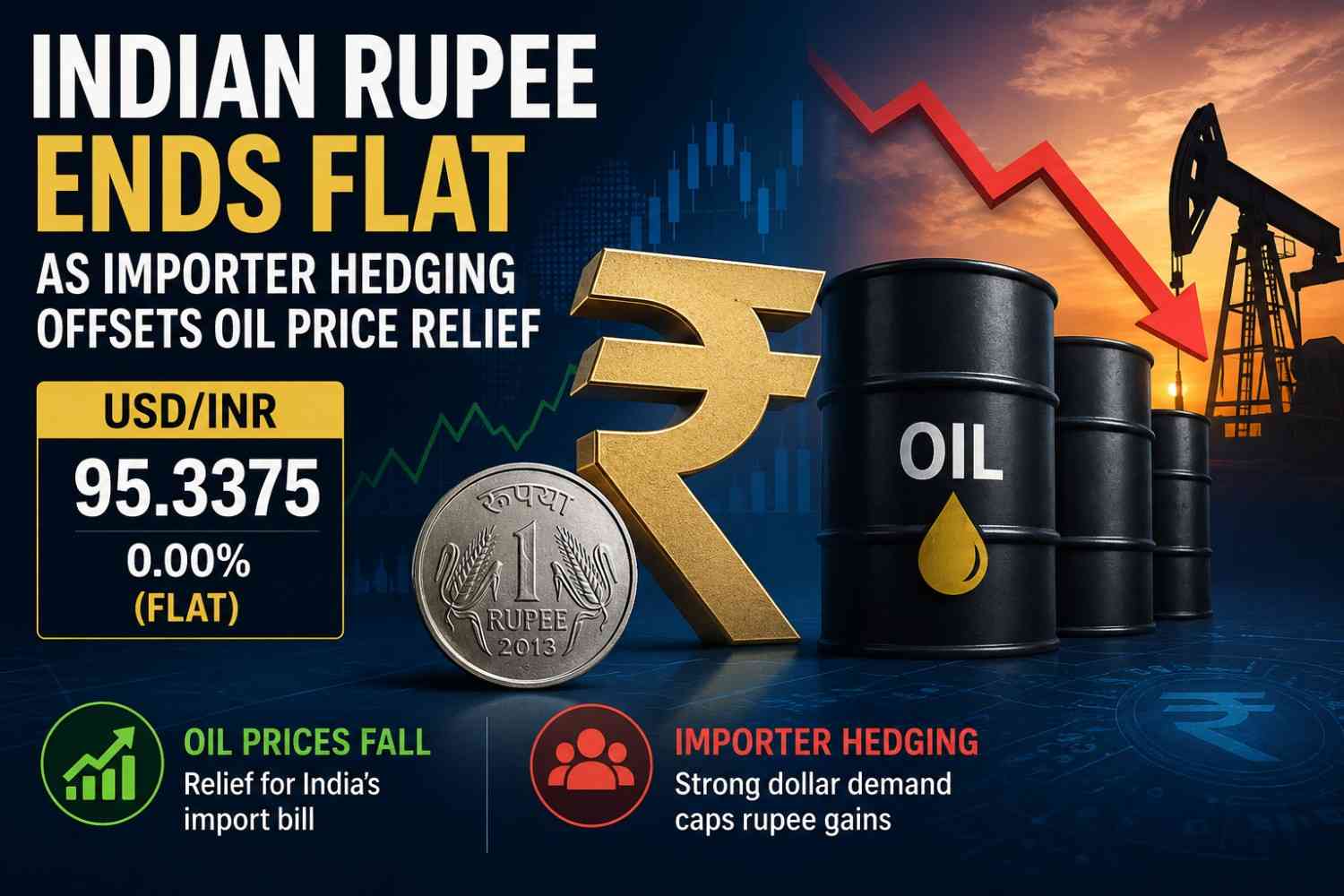 Indian Rupee Ends Flat as Importer Hedging Offsets Oil Price Relief