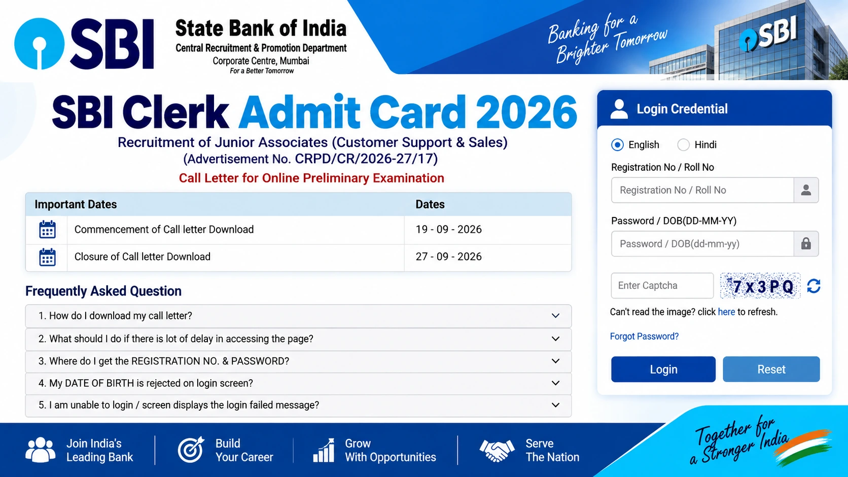 SBI Clerk Prelims Admit Card 2026 Released: Download Hall Ticket, Check Exam Dates. 1 SBI Clerk Prelims Admit Card 2026