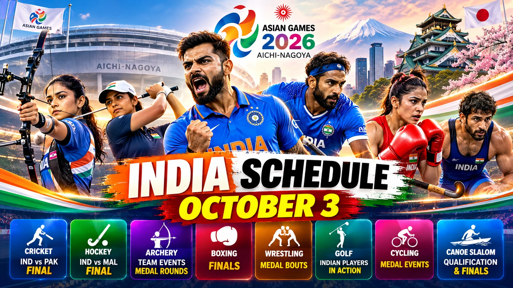Asian Games 2026 India Schedule October 3: Full Fixtures, Medal Events & IST Timings