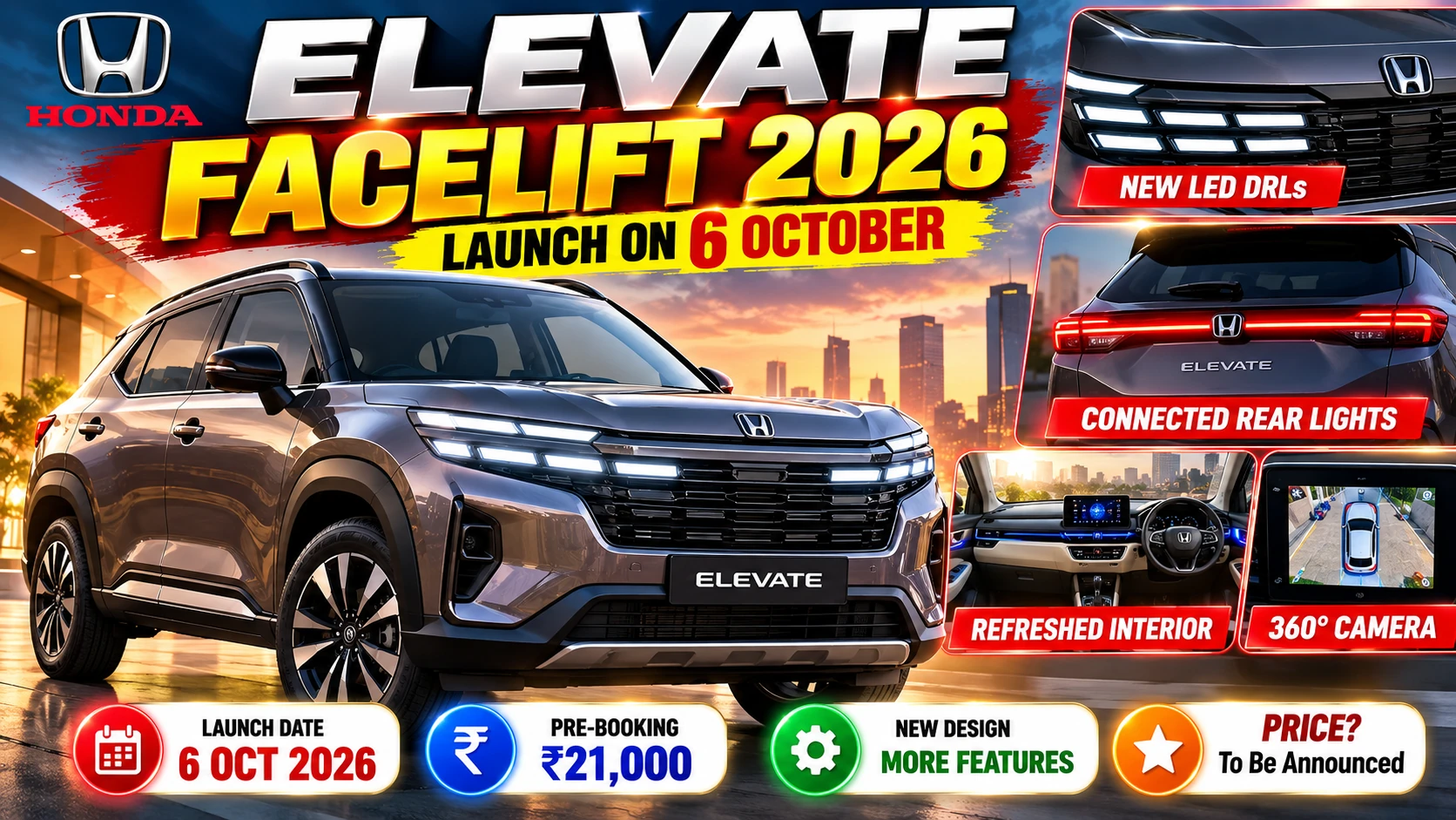 Honda Elevate Facelift 2026 Launch on October 6: New Design, Features and Key Details