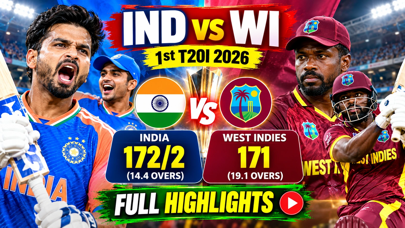 India vs West Indies 1st T20I 2026: India Win by 8 Wickets