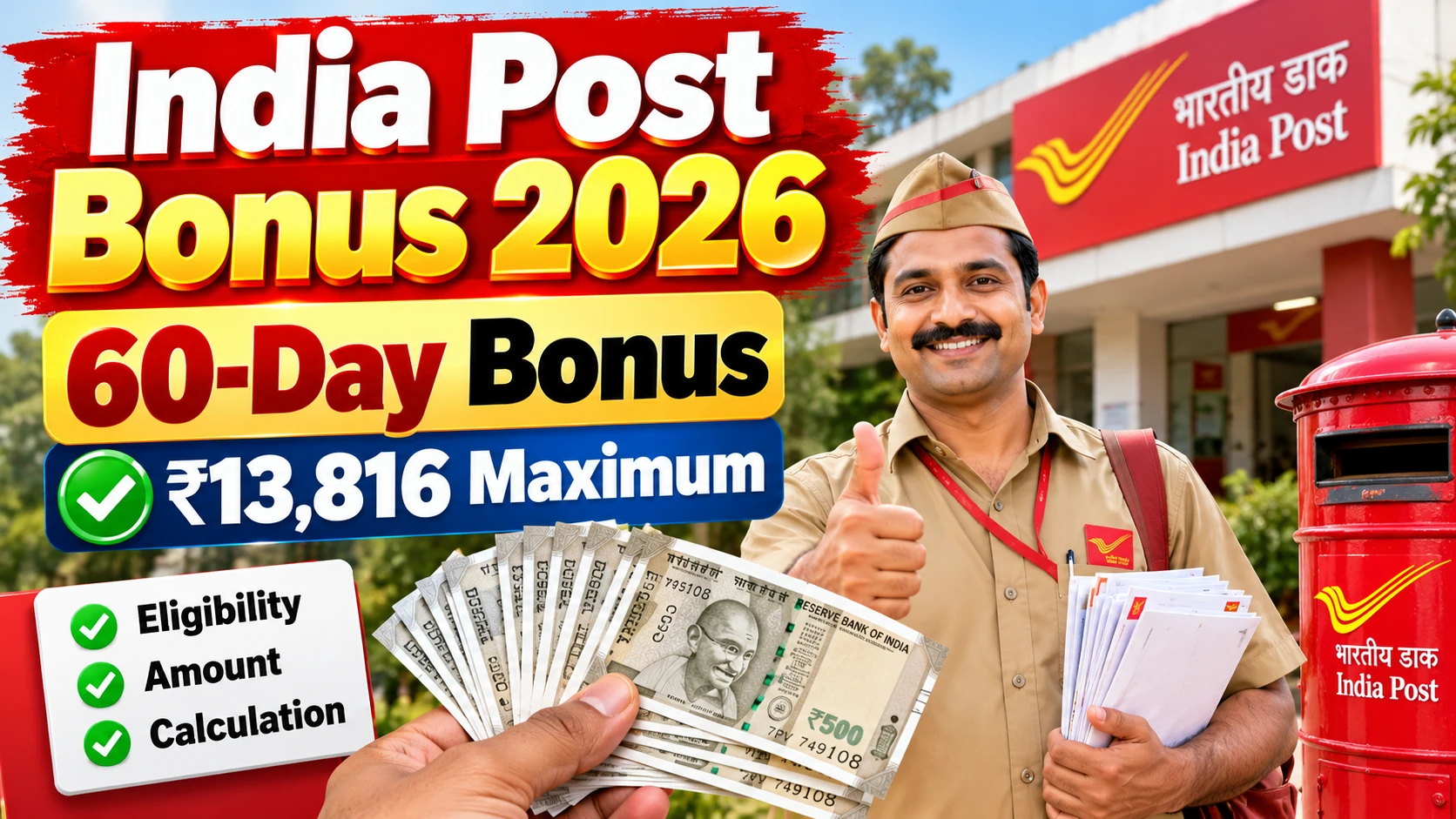 India Post Bonus 2026: 60-Day Bonus, ₹13,816 Maximum